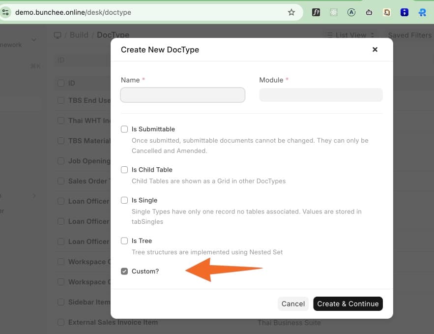 แก้ปัญหา Custom? Always True เมื่อสร้าง DocType ใน Frappe 16